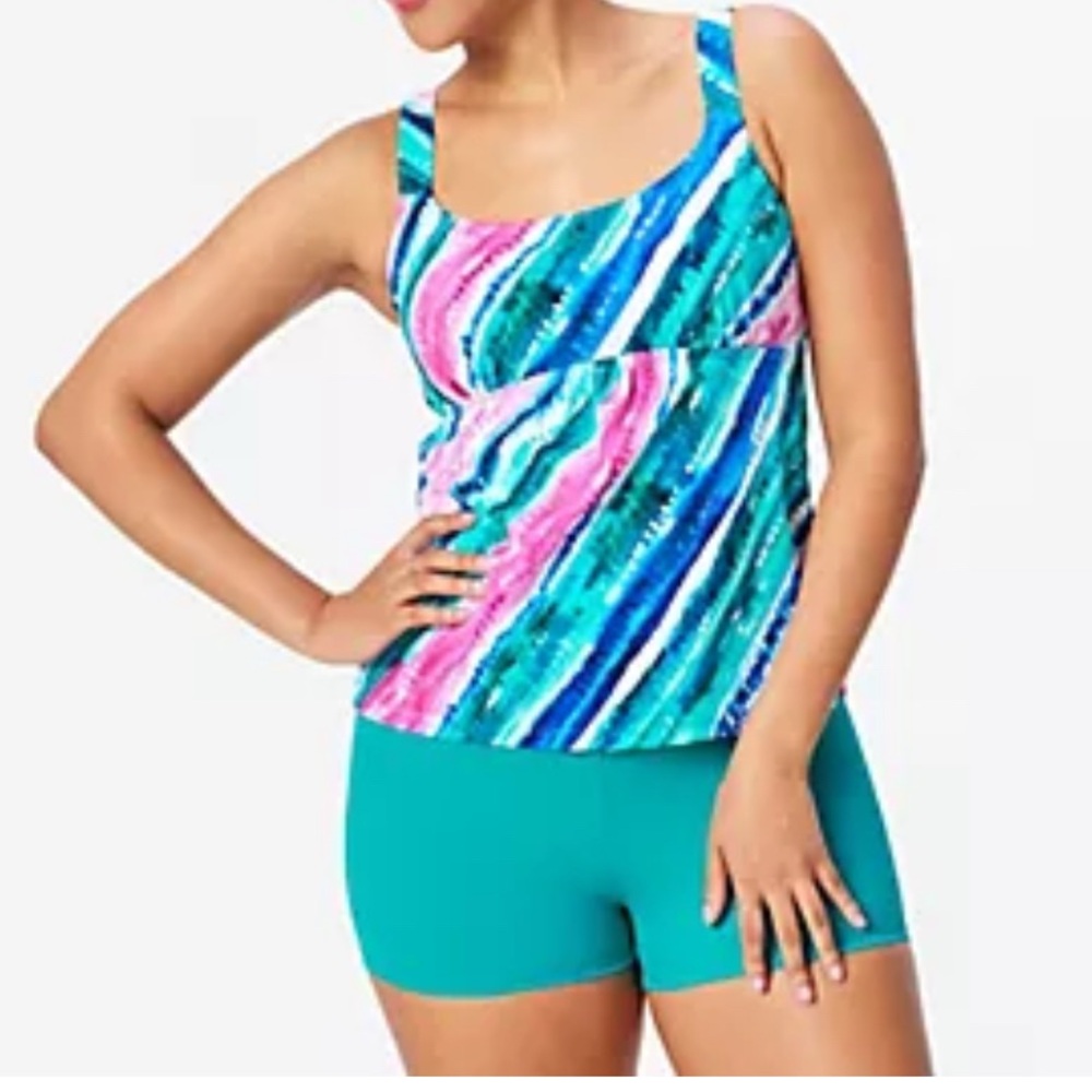 Kim Gravel x Swimsuits For All Modern Printed Tankini w Bike Shorts Size 10 Teal